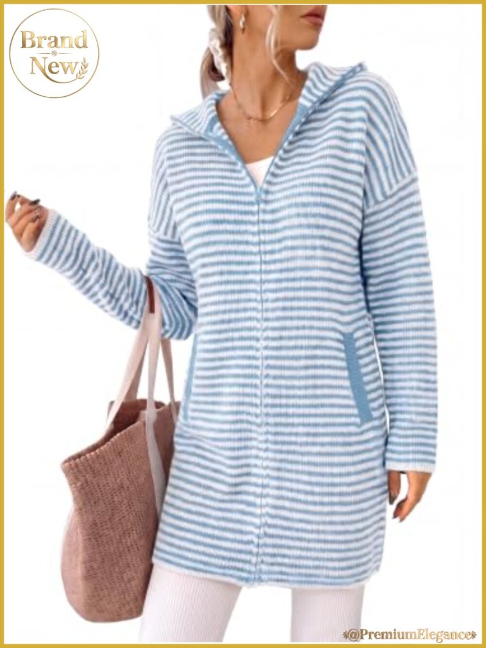 Chunky Knit Striped Zip Up Sweater Dress with Turtleneck and Pockets